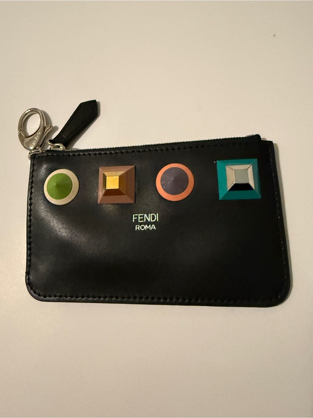 Fendi Rainbow Studs Vitello Leather Coin Card Pouch Keychain